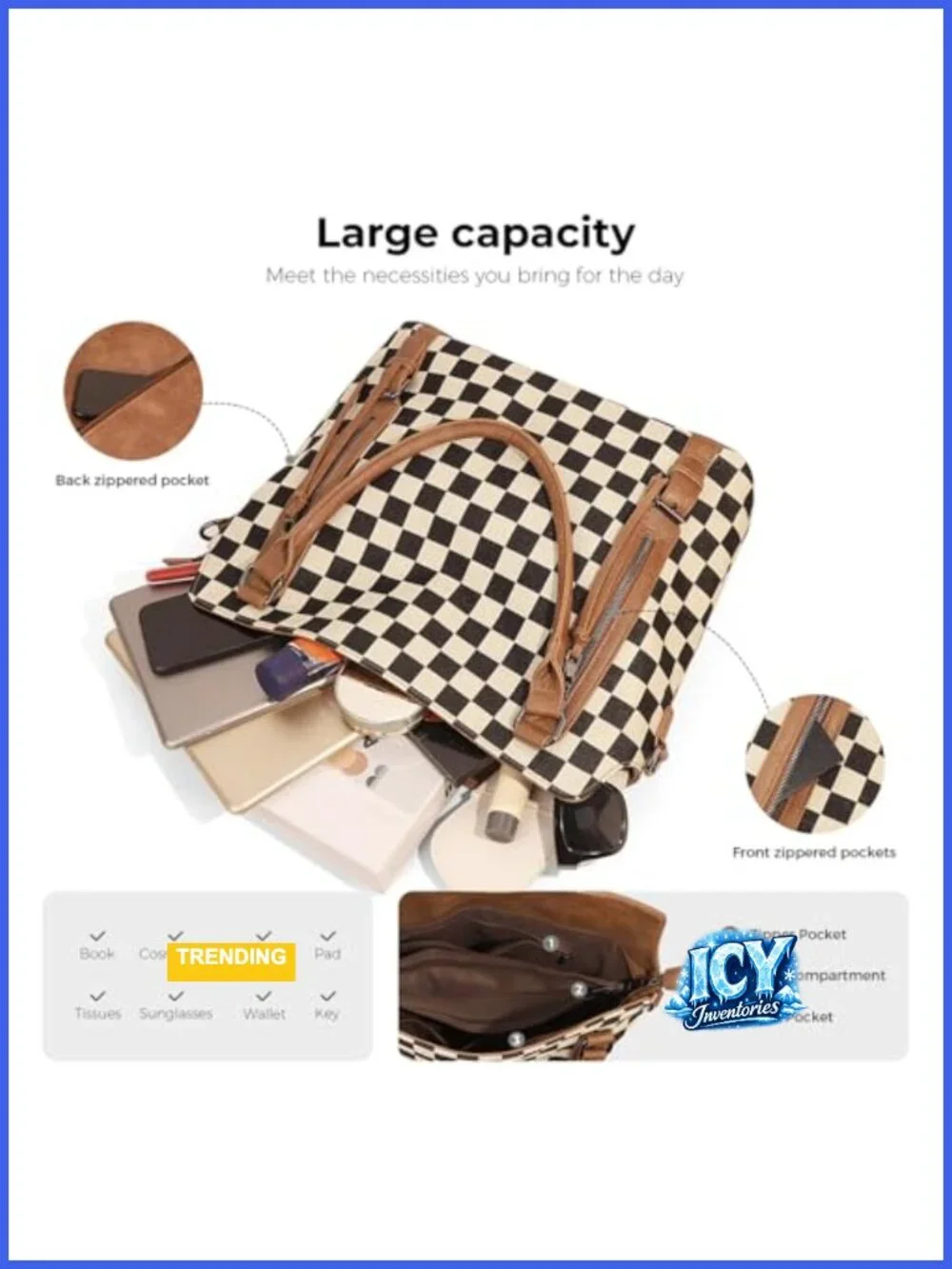 Large Checkered Hobo Tote Bag for Women Faux Leather Canvas Shoulder Purse